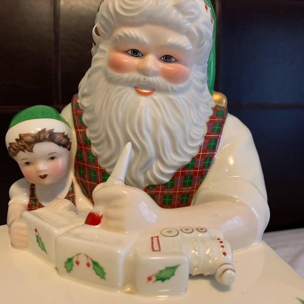 LENOX Large Cookie Jar Santa & Elf Painting Train Holiday Toy Shop Collectible! - Picture 2 of 13